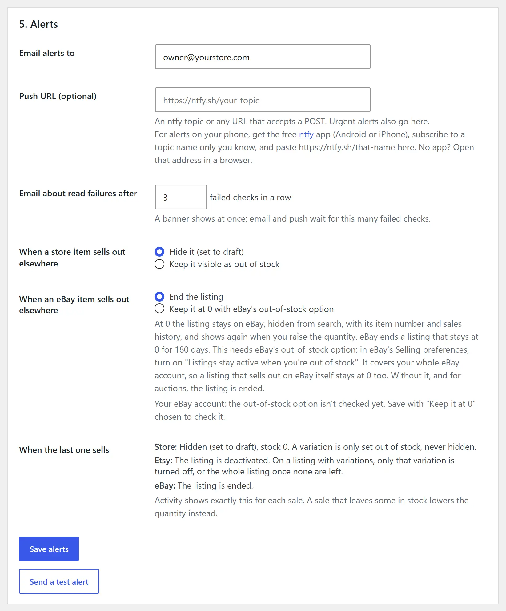 Step 5, Alerts, on the Setup tab: Email alerts to, Push URL (optional), how many failed checks before an email, what happens to a store item and to an eBay listing that sells out elsewhere, a When the last one sells summary for the Store, Etsy and eBay, Save alerts, and Send a test alert.