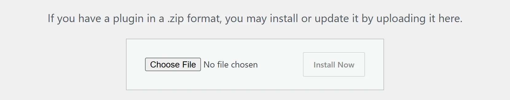 WordPress's Upload Plugin box, with Choose File and Install Now.