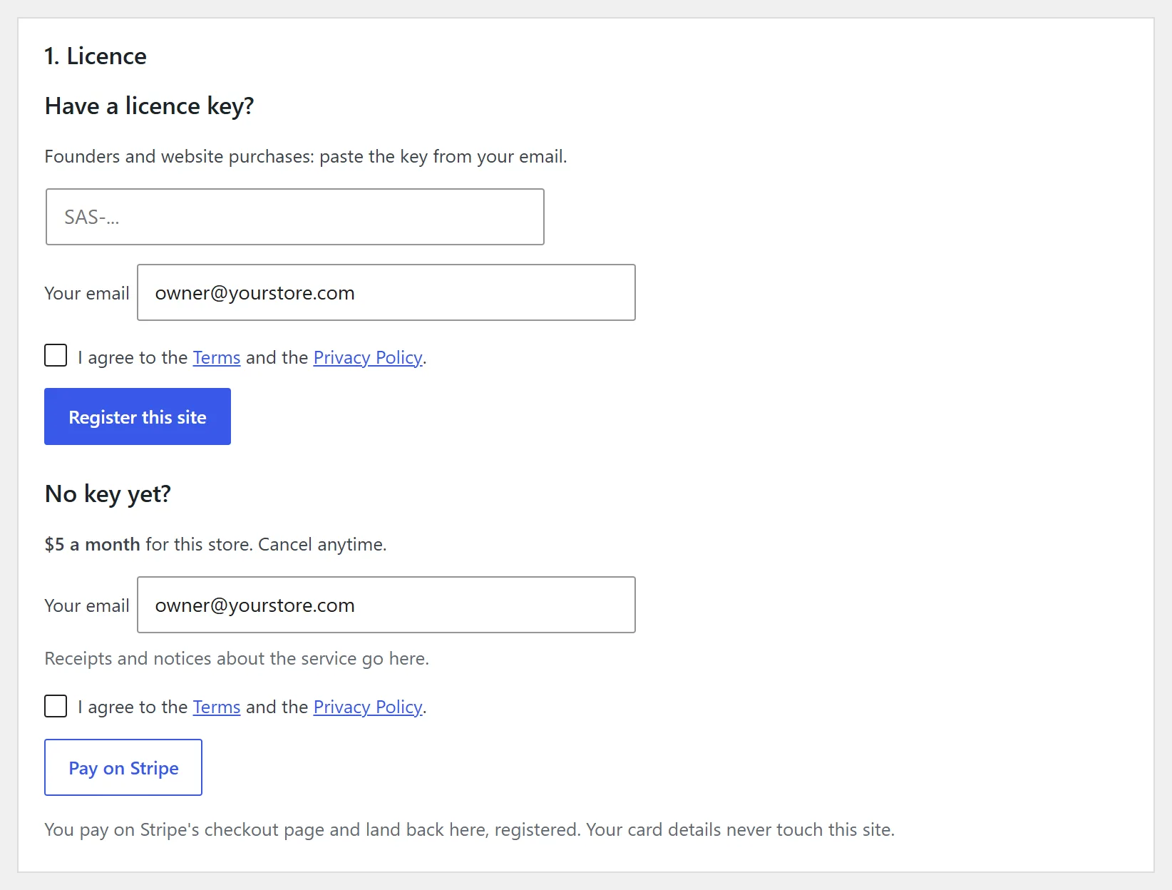 Step 1, Licence, on the Setup tab: Have a licence key? with a key box, your email, the Terms checkbox and Register this site; below it, No key yet? with your email, the Terms checkbox and Pay on Stripe.