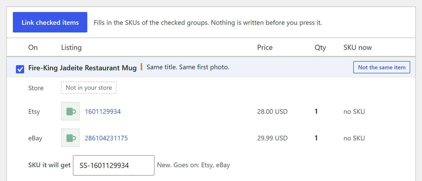 Matches, Suggested: a checked group, Fire-King Jadeite Restaurant Mug, with the same title and first photo on Etsy and eBay, the SKU it will get, and the Link checked items button.
